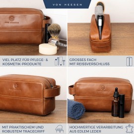 VON HEESEN Toiletry Bag Leather Toiletry Bag for Men and Women - Genuine Leather Necessaire Ideal for Travel - Wash Bag and Cosmetic Bag, Cognac Brown (Smooth), 1 main compartment