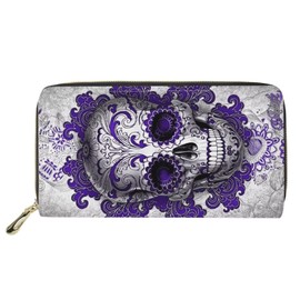 HUGS IDEA Purple Sugar Skull Womens Leather Slim Purse Card Holder Clutch Handbag Travel Wallet