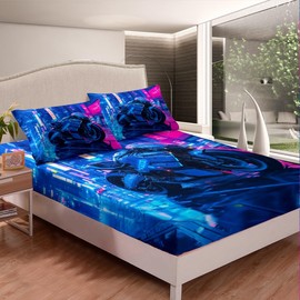 Kids Motorcycle Sheets Dirt Bike Print Bed Sheets,Motorbike Extreme Sport Boys Fitted Sheet Queens,Motocross Racer Bedding Set Vehicles Biker Bedding Set for Adults Men Bedroom,Blue Purple