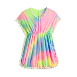 Milumia Girl's Cute Tie Dye Beach Coverups Pompom Trim Swimsuit Swimwear Cover Up Pink and Green 9 Years