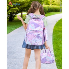 Amythe Schulrucksack Mädchen 3 Teilig, Rucksack Schule Teenager, Grundschule Mittelschule Schultaschen-Set Lunchtasche Federmäppchen, Kinderrucksack Schulranzen für 3-9 Klasse, Lila