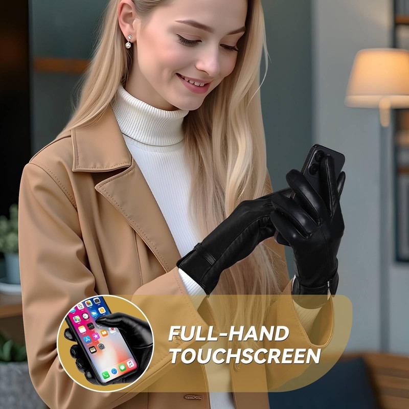 OZERO Winter Leather Glove for Women: Sheepskin Wool Warm Gloves