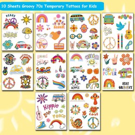 CHARLENT Hippie Temporary Tattoo Set Children - 79 Pieces Groovy 70s Flower Power Peace and Love Tattoos for Boys and Girls, Birthday Party Accessories