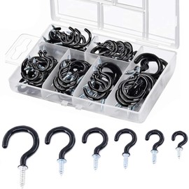 TerraShine 70 Pcs 6 Size Screw Hooks Eye Hooks Screw Hooks Black Vinyl Coated Cup Hooks Ceiling Hanging Hooks Fixed Wall Hooks Kitchen Utensils Plant Wind Chimes (Black)