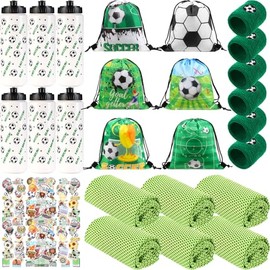 Maxdot 74 Pcs Soccer Party Favors with 6 Water Bottle 6 Cooling Towel 6 Sports Wristbands 6 Drawstring Gift Bag 50pcs Soccer Stickers, for Team Gifts Sports Party Supplies