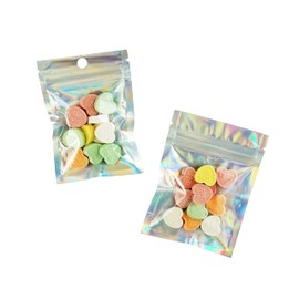 QQ Studio Holographic Party Bags, Iridescent Favor Pouches, Rainbow Mylar Packaging Bags 2.4"x3.5" & 2.4"x3.9", Glossy Snack Bags, Smell Proof Treat Pouches (100, Round Hang Hole)