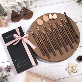 MAGEFY 20 Pcs Brochas para Maquillaje Profesional, 13 Brochas para Ojos para Sombras, Cejas, Delineador y Corrector, Regalos para Mujer (Marrón)