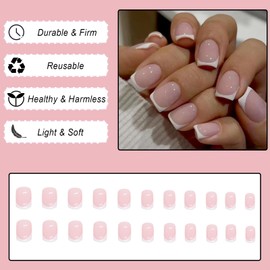 24Pcs French False Nails Short, Square Press on Nails Nude Pink Stick on Nails, Removable Glue-on Nails with White Border Designs, Acrylic Full Cover Fake Nails for Women Girls Nail Art Accessories