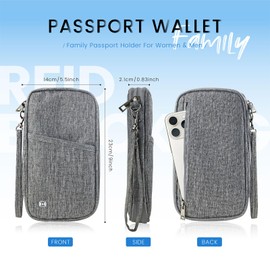 GAUENEEN Passport Holder Family, Travel Document Organizer with RFID, Portable Passport Cover Case with Zipper for Cards, Boarding Pass, ID, Money, Tickets (Grey)