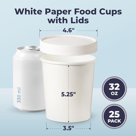 Fit Meal Prep Paquete de 25 envases de sopa de papel blanco de 32 oz con tapas, envases desechables para alimentos de restaurante, tazas de helado enrolladas para llevar, ideales para ensaladas
