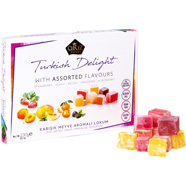 Cerez Pazari Turkish Delight Candy with Assorted Mix Flavours 8.1 Oz Gourmet Small Size Snacks Gift Box | No Nuts Sweet Luxury Traditional Confectionery Vegan Lokum Loukoumi Approx. 40 Pcs