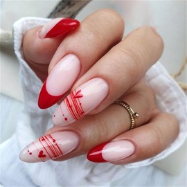 24Pcs Valentines Nails Press on Nails Long Almond Shape Nails Heart Fake Nails with Nail Glue Red French Tip Acrylic Nails Supply Full Cover Red Valentines Heart Line False Nails for Women Girls