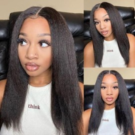 20 inch Kinky Straight Wig Black Color Yaki Lace Front Wig for Women 150% Density Lace Closure Wig with Baby Hair