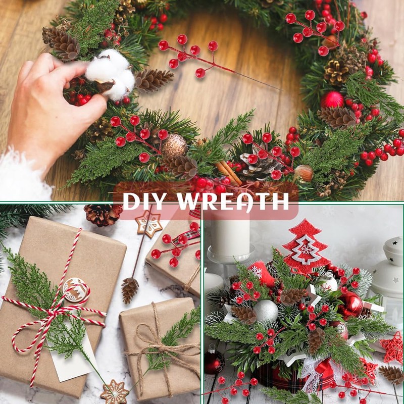 Teeanzo 60 Pcs Christmas Artificial Pine Branches Red Berry Stems