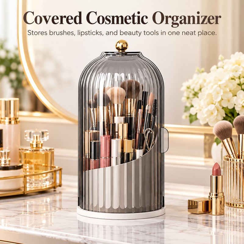 360° Rotating Makeup Brush Holder with Lid – Dust-Protected Cosmetic