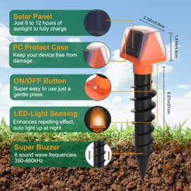 2 Pack Solar Ultrasonic Mole Repellent Outdoor, Deterrent for Mole Snake Gopher Hawk Chipmunk Vole in Lawn, Garden, Yard- Waterproof Sonic Spikes, 3 Modes, Outdoor Pest Control Device