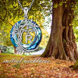 TOUPOP Baum des Lebens Kette Sterling silber Baum des Lebens R Anfangsbuchstaben Anhänger Halskette mit Blauer Kristall Schmuck Geschenke für Mütter Geburtstagsgeschenke für Frauen Damen Mädchen