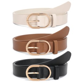 WERFORU 3 Pack Women's Faux Leather Belts for Jeans Pants Fashion Gold Buckle Ladies Dress Belt Black/Brown/Beige