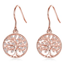 CELESTIA Tree of Life Earrings Rose Gold 925 Silver Earrings for Women Dangling Gifts for Mother Daughter Sister Birthday