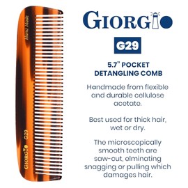 Giorgio G29 Fine Tooth Pocket Comb, Hair Comb Straightener for Everyday Grooming Styling Hair, Mustache and Beard for Men Women and Kids, Use Wet or Dry, Saw Cut and Hand Polished (Tortoiseshell)