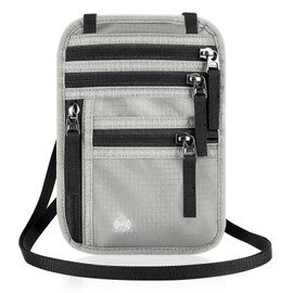 Playexen Neck Pouch Men & Women with RFID Travel Wallet Protection Soft with 6 Compartments Passport Organiser Lightweight with Adjustable Shoulder Strap for Smartphone Passport Money Cards, gray