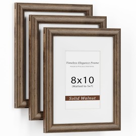 8x10 Picture Frame, USA-Sourced Walnut Wood Frame with Tempered Glass, Display 5x7 with Mat or 8x10 Without Mat, 8 by 10 Photo Frame for Wall & Tabletop Display, Handcrafted Wood Frame, 3 Pack