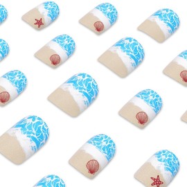 24Pcs Blue Ombre Fake Nails Summer Beach Press on Nails Glossy French Tips Stick on Nails Short Square Full Cover Acrylic Shell Starfish False Nails Gel Glue on Fingernails for Holiday Manicure Art
