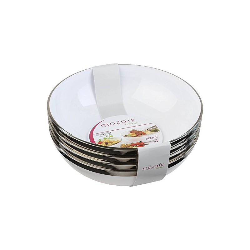 Mozaik 4 White Small Silver Rim Plastic Bowls 14cm (400ml)