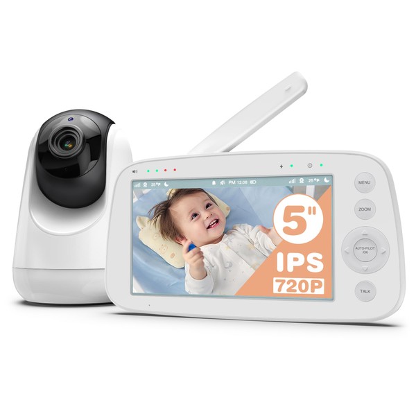 HiPP Baby Monitor, 5" 720P Video Baby Monitor with Pan-Tilt-Zoom Camera, Audio and Visual Monitoring, Infrared Night Vision and Thermal Monitor，2-Way Talk, 900ft Range, 4500mAh Rechargeable Battery