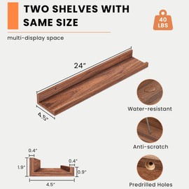Heimlove Picture Ledge Shelf, Floating Shelves Set of 2, 24 Inches Picture Shelf for Wall with Ledge, Kids Bookshelf Wall Mounted for Living Room Bedroom Decor Books Photo Frames - Walnut