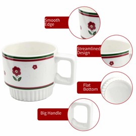myGrtfam Stapelbare Espressotassen aus Porzellan, 4er-Set, Latte Cappuccino, Steingut, 360 ml, rotes Blumenmuster