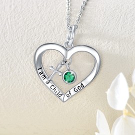 PEIMKO Baptism Gifts for Women May Birthstone Cross Heart Pendant Necklace 925 Sterling Silver First Communion Gifts 16 Inch
