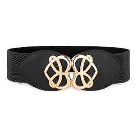 BlackButterfly Wide Elastic Cinch Stretch Waistband Retro Gold Heart Buckle Waist Belt (Black, L)