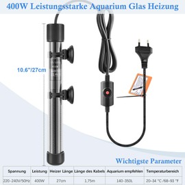 FEDOUR Thickened Glass Aquarium Heater: 400 W Powerful Aquarium Heating Rod with Controller, Adjustable Aquarium Heater for Saltwater/Fresh Water, for 140-350 L Aquarium, Turtle Tank
