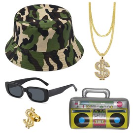 HTTDSLF 5 Piece Hip Hop Costume Set, Costume Men, 80s 90s Outfit, Men's Hip Hop Costumes, Rapper Accessories with Dollar Necklace, Gold Ring, Sunglasses, Inflatable Boombox