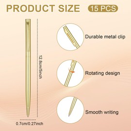 Jaarssho 15 Pcs Gold Pens Slim Ballpoint Wedding Pens Bridal Shower Gifts for Guests, 5 inch Retractable Metallic Black Ink Bulk Shower Favors, Metal with Clips Business Office Teacher Student Guest