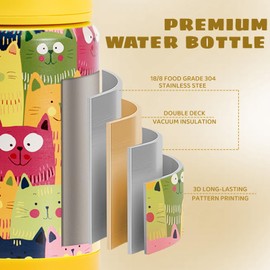 Pluseight Kids Insulated Water Bottle with Straw Lid, 350 ml, BPA-Free Double Wall Vacuum Tumbler, 18/8 Stainless Steel Leak-Proof Kids Cups with Straw for School, Travel, Boys, Girls (Kittens)