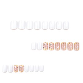 24 Pcs White Press on Nails Short Square WLGDLH Nude Pink Fake Nails Press Ons With White Flower Gold Foils Designs Full Cover Spring Acrylic False Nail Kit for Women