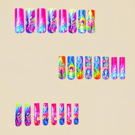 24Pcs Peacock Feather Press on Nails, Glitter Acrylic Full Cover Coffin Nails –Medium Press ons, Ballet Tip Design