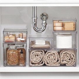 mDesign Plastic Stackable Bathroom Storage with Pull Out Bin Organizer Drawer for Cabinet, Vanity, Shelf, Cupboard, Cabinet, or Closet Organization - Lumiere Collection - 4 Pack - Clear