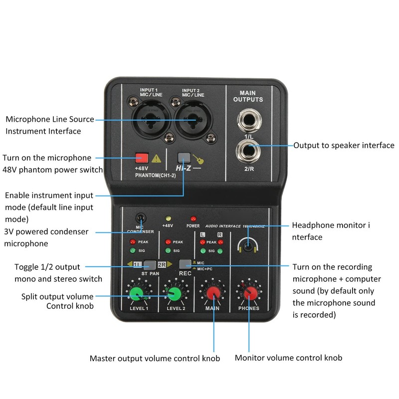 2 ChannelsMixer, Sound Card USB 48V Phantom Power Compact Sound