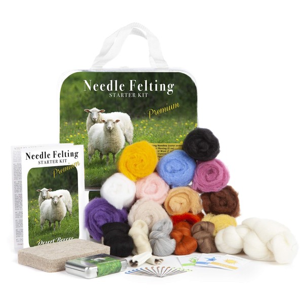 Complete Needle Felting Craft Starter Kit for Beginners, Premium Tools and Supplies, 17 Colors Wool, 15 Needles Color Coded, Sharps Container, Pad, Leather Finger Guards, Storage Case