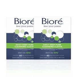Bioré Daily Facial Cleansing Cloths, with Dirt-grabbing Fibers for Deep Pore Cleansing and Makeup Removal without Oily Residue, 60 Count (Pack of 2)