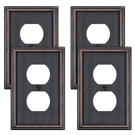4 Pack Oil Rubbed Bronze Outlet Cover, Decorative Wall Plate for Electrical Outlets, Solid Zinc Alloy Switch Plates and Outlet Covers 1-Gang Duplex Receptacle Covers Wall Plates