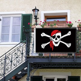 3×5 FT Jolly Roger Pirate Flag,Large Gadsden Skull Red Scarf Skeleton Decor,Double Side Digital Printed 150D Polyester Banner With Canvas Header Brass Grommet