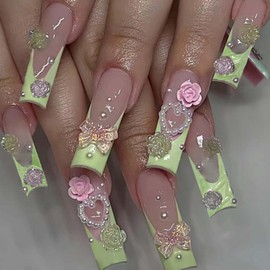 YoYoee Luxury Long Square False Nails 3D Pearl Butterfly Tips Nails Daisy French Press on Nails Acrylic Full Cover Fake Nails for Women and Girls 24PCS