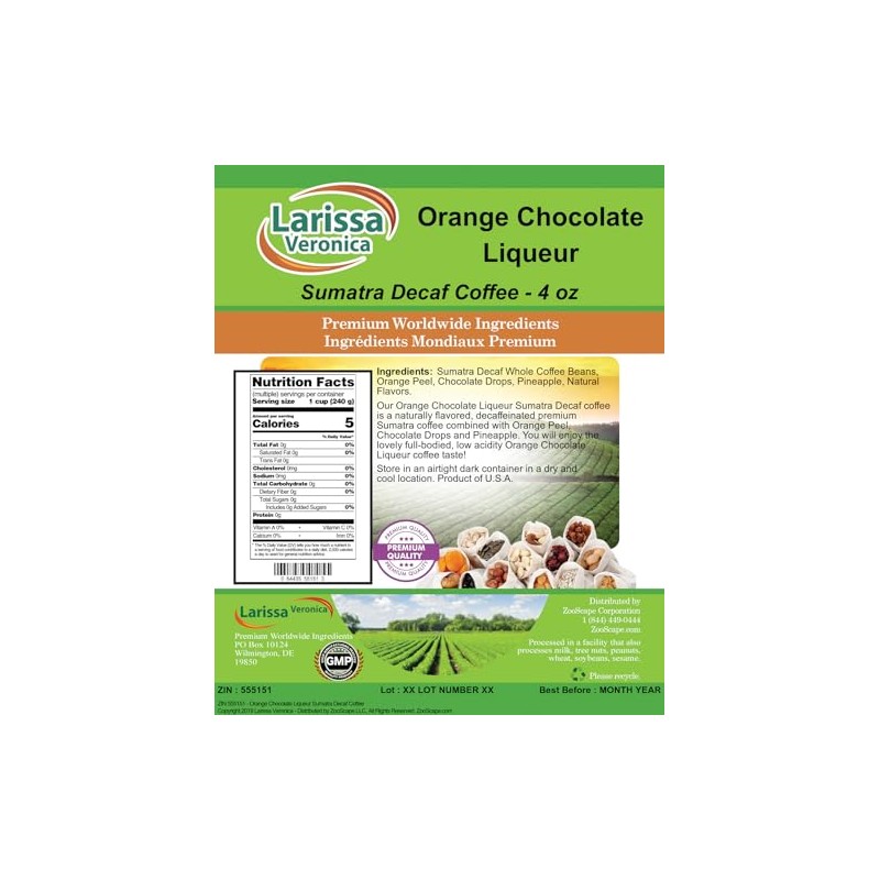 Orange Chocolate Liqueur Sumatra Decaf Coffee (Gourmet, Naturally Flavored, Whole