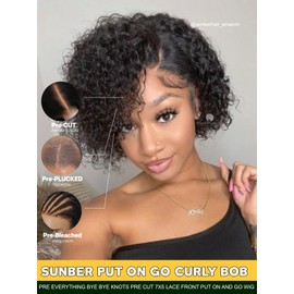 Sunber Bye Bye Knots Curly Human Hair Glueless Short Bob Curly Wigs Human Hair Pre Plucked Curly BOB Wig Pre Cut Lace 7x5 HD Lace Closure Wigs Pre Bleached Invisible Knots Put on Go Bob Wig 10Inch
