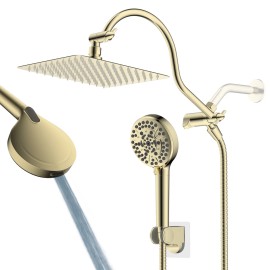 Hibbent 10 Inch High Pressure Rainfall Shower Head Handheld Gold Showerhead 10 Settings