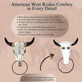 BestGiftEver Western Tooled Bull Skull Head Towel Ring Holder - Wall mount Rustic, Lodge, and Cabin Theme Hand Towel Holder - Rustic Bathroom and Kitchen Home Decor - Ideal for Southwest Country Style